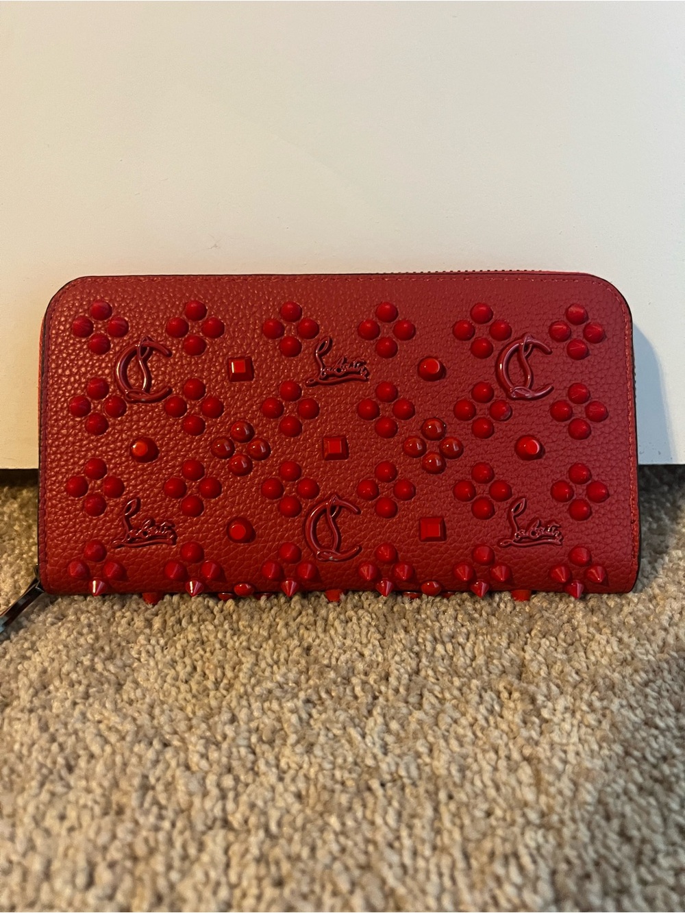 Christian Louboutin Red Pebbled Leather Studded Zip Wallet - Picture 11 of 11